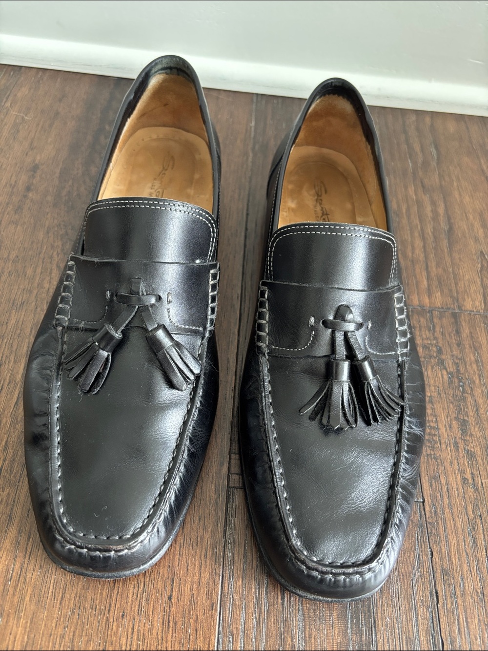 Santoni Black Leather Tassel Loafers 10.5